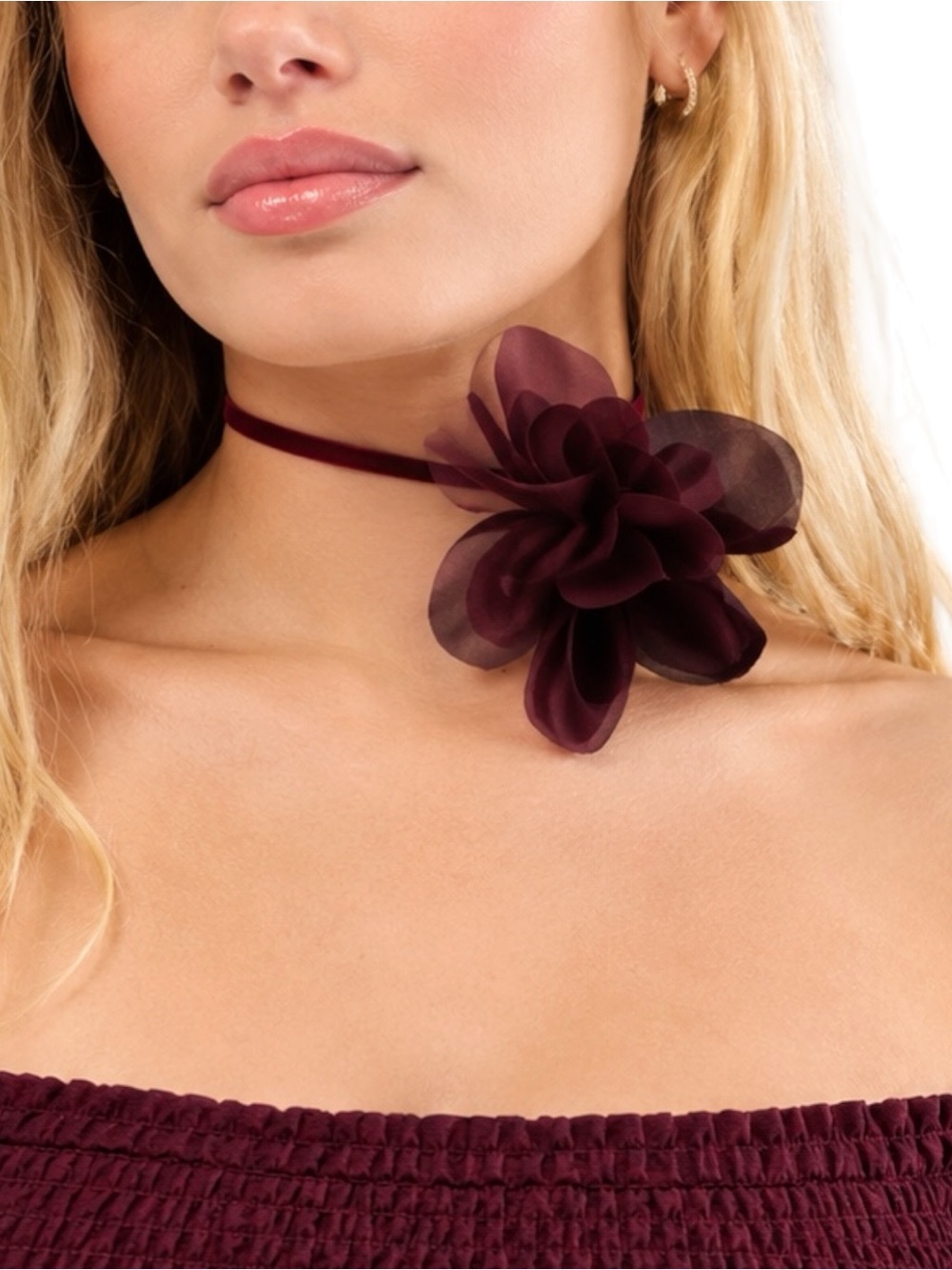 NWT Free People Burgundy Maroon Chiffon Flower Suede Cord Choker Necklace $30